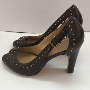 Coach “Billee” Leather Studded Peeptoe Heels- Tumbled Glaze